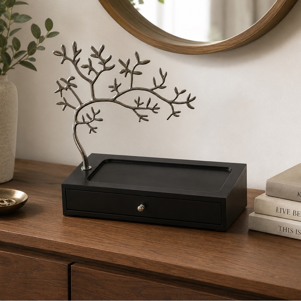 Black Jewelry Storage Box with Silver Branch Display